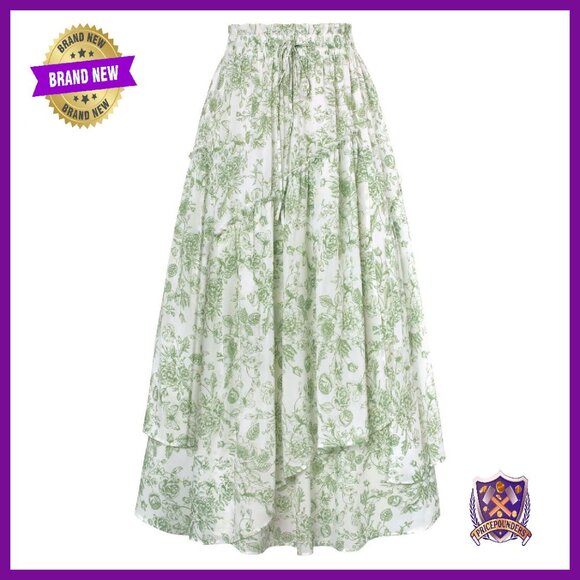Floral Maxi Skirt Elastic Waist Pockets Tiered A-Line Boho